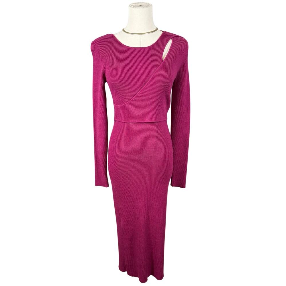 And Now This Ribbed Knit Cutout Midi Dress Raspberry Medium Romantic Casual